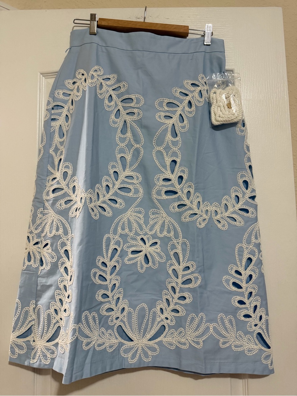 Ann Taylor Light Blue Midi Skirt with White Lace Applique